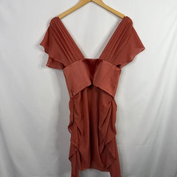 Oh Polly Cerise Draped Corset Zipper Terra-cotta V-Neck Mini Dress Size 6 - Picture 5 of 9